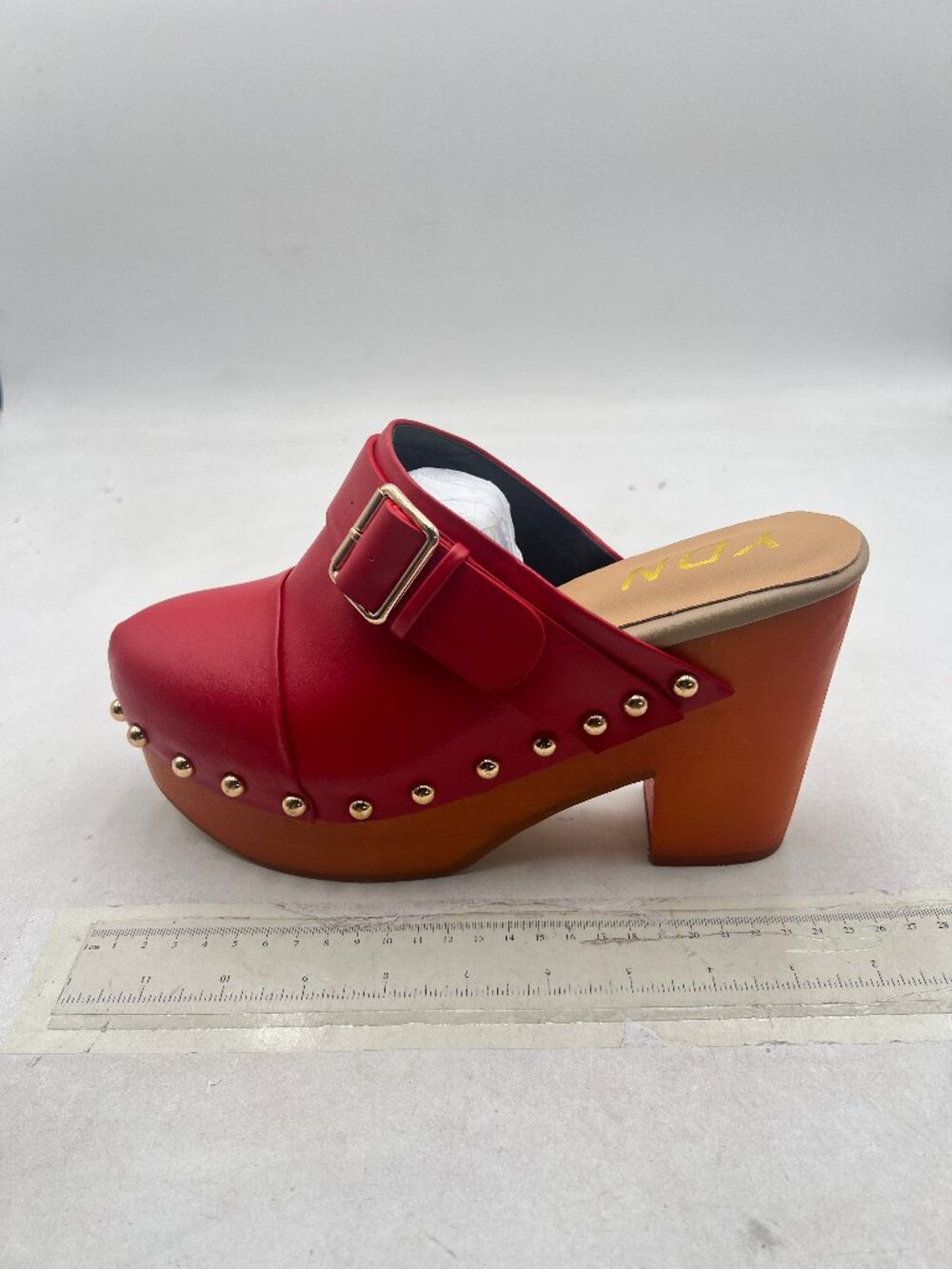 YDN Red Chic Platform Round Toe Rivet Studded Chunky Heels Buckled Strap Mules